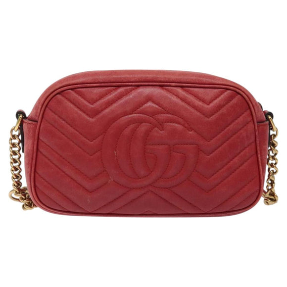 GUCCI GG Marmont Chain Shoulder Bag Leather Red Gold 447632 Auth ep9033