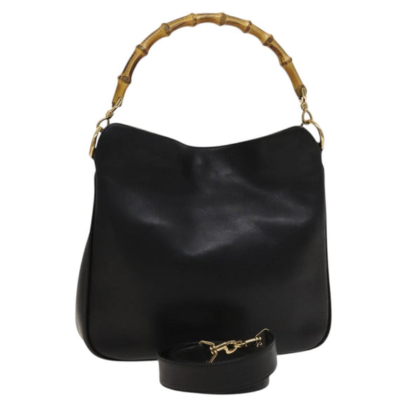 GUCCI Bamboo Hand Bag Leather 2way Black Gold 001 1638 Auth ep9053