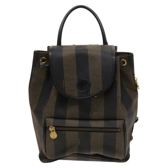 FENDI Pecan Canvas Backpack PVC Brown Black gold Auth ep9067