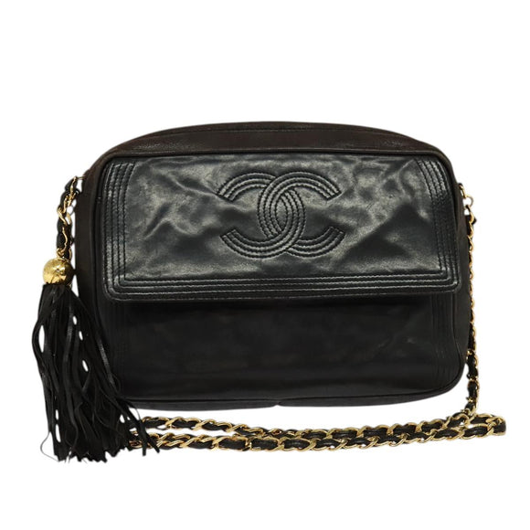 CHANEL COCO Mark Chain Shoulder Bag Leather Black Gold CC Auth ep9135