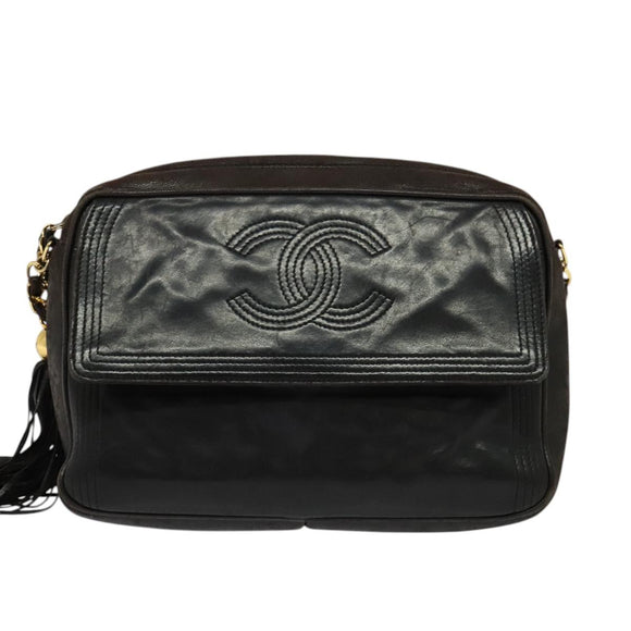 CHANEL COCO Mark Chain Shoulder Bag Leather Black Gold CC Auth ep9135