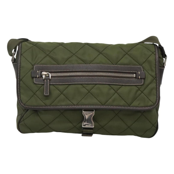 PRADA Shoulder Bag Nylon Khaki Silver Auth ep9159
