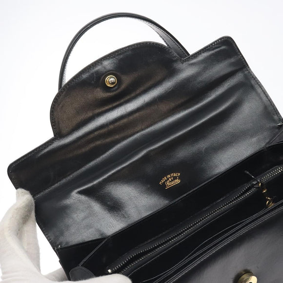 GUCCI Hand Bag Leather Black Gold Auth ep9297