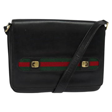 GUCCI Web Sherry Line Shoulder Bag Leather Black Gold Auth ep9327