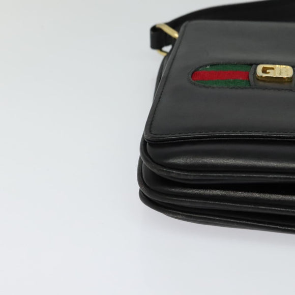 GUCCI Web Sherry Line Shoulder Bag Leather Black Gold Auth ep9327