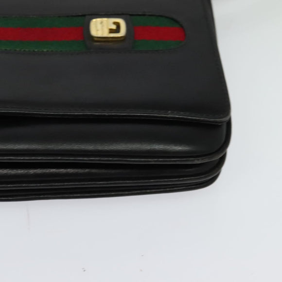 GUCCI Web Sherry Line Shoulder Bag Leather Black Gold Auth ep9327