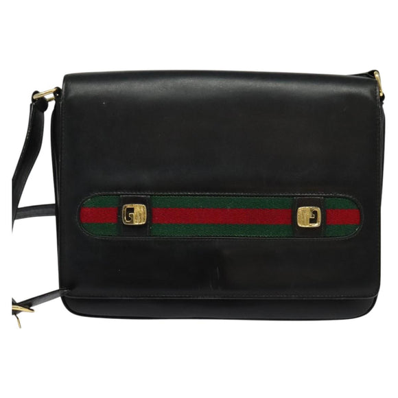 GUCCI Web Sherry Line Shoulder Bag Leather Black Gold Auth ep9327