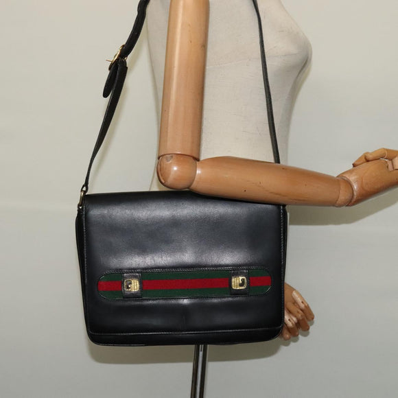GUCCI Web Sherry Line Shoulder Bag Leather Black Gold Auth ep9327