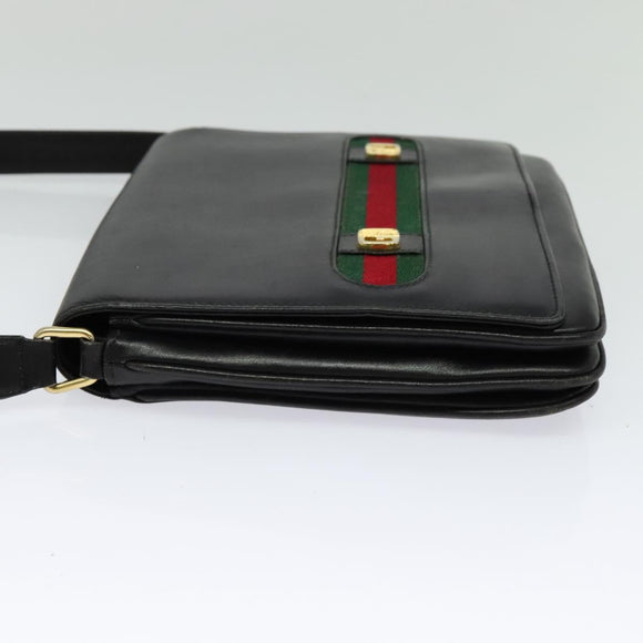 GUCCI Web Sherry Line Shoulder Bag Leather Black Gold Auth ep9327