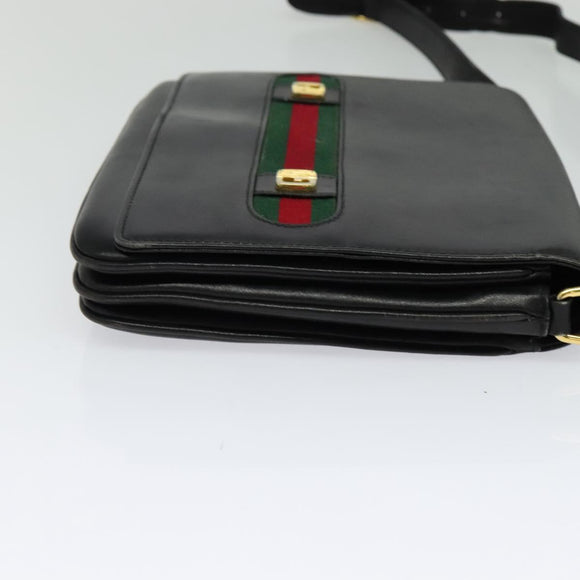 GUCCI Web Sherry Line Shoulder Bag Leather Black Gold Auth ep9327
