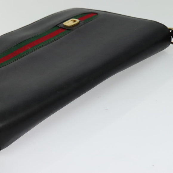 GUCCI Web Sherry Line Shoulder Bag Leather Black Gold Auth ep9327