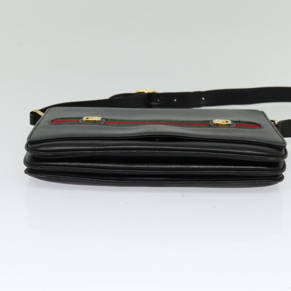 GUCCI Web Sherry Line Shoulder Bag Leather Black Gold Auth ep9327