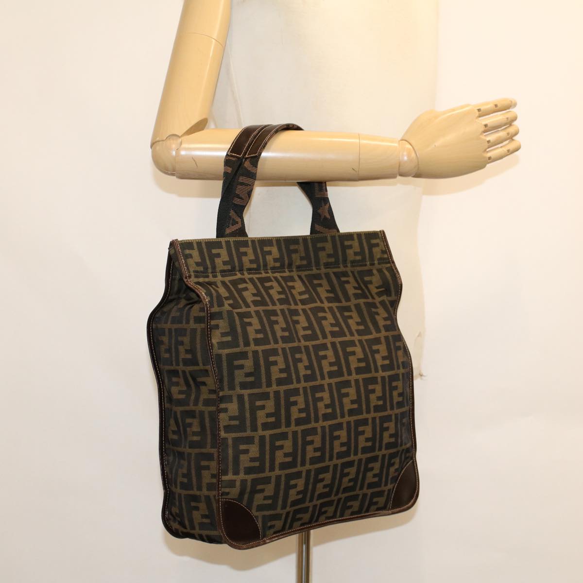 FENDI Zucca Canvas Tote Bag Black Brown Auth ep938