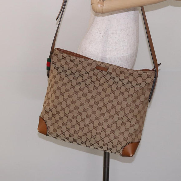 GUCCI GG Canvas Web Sherry Line Shoulder Bag Beige Silver 308930 Auth ep9380