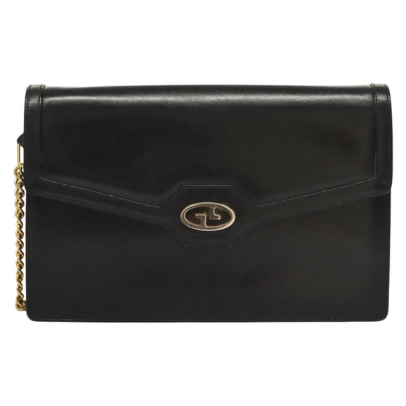 GUCCI Chain Shoulder Bag Leather Black Gold Auth ep9431