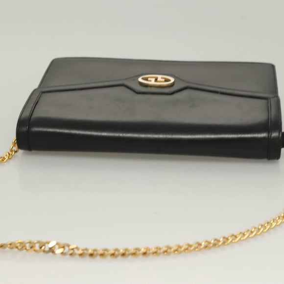 GUCCI Chain Shoulder Bag Leather Black Gold Auth ep9431