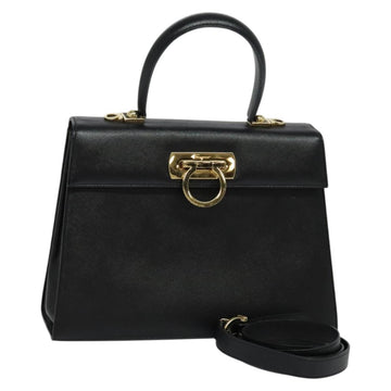 Salvatore Ferragamo Gancini Hand Bag Leather 2way Black Gold Auth ep9613