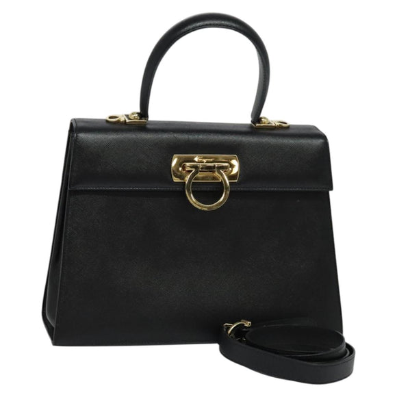 Salvatore Ferragamo Gancini Hand Bag Leather 2way Black Gold Auth ep9613