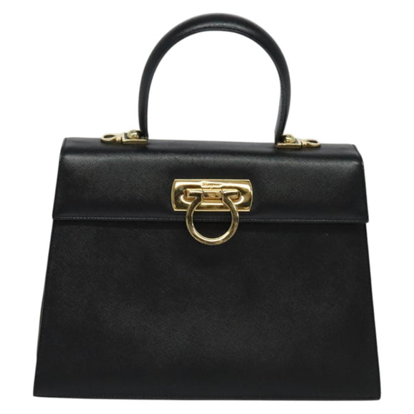Salvatore Ferragamo Gancini Hand Bag Leather 2way Black Gold Auth ep9613