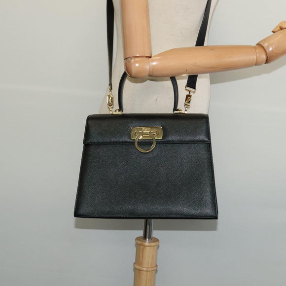 Salvatore Ferragamo Gancini Hand Bag Leather 2way Black Gold Auth ep9613