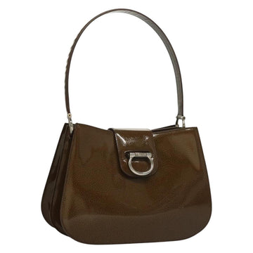 CELINE Shoulder Bag Patent leather Khaki Silver Auth ep9681