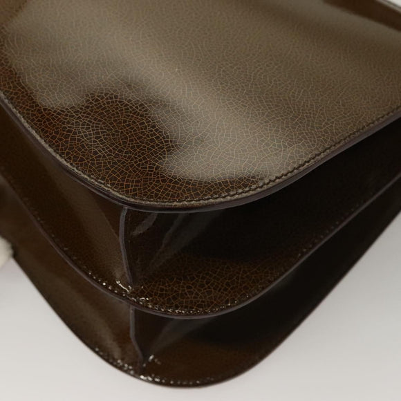 CELINE Shoulder Bag Patent leather Khaki Silver Auth ep9681