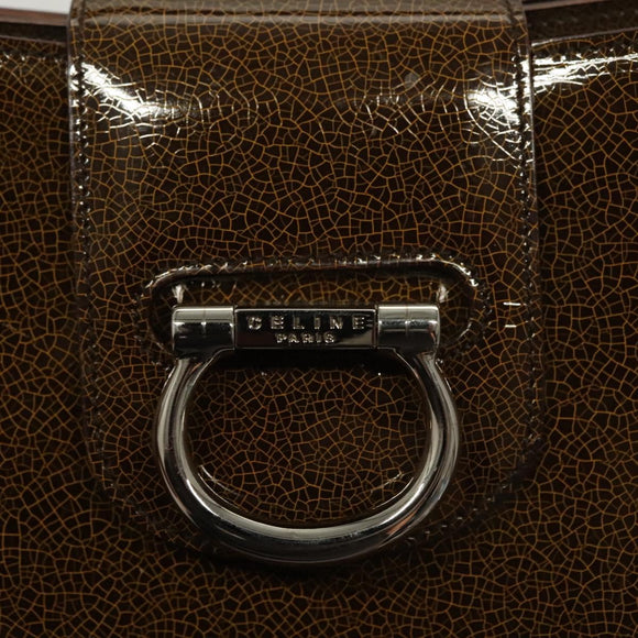 CELINE Schultertasche Lackleder Khaki Silber Auth ep9681