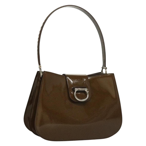 CELINE Shoulder Bag Patent leather Khaki Silver Auth ep9681