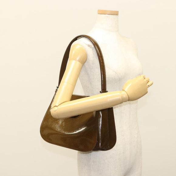CELINE Shoulder Bag Patent leather Khaki Silver Auth ep9681