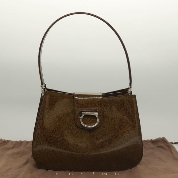 CELINE Shoulder Bag Patent leather Khaki Silver Auth ep9681