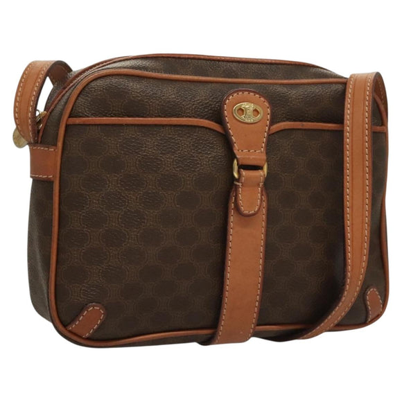 CELINE Macadam Canvas Shoulder Bag PVC Leather Brown Gold Auth ep9704