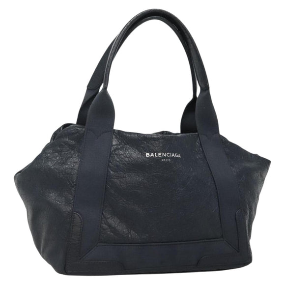 BALENCIAGA Navy Kabas Hand Bag Leather Navy Silver Auth ep9709
