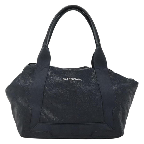 BALENCIAGA Navy Kabas Hand Bag Leather Navy Silver Auth ep9709