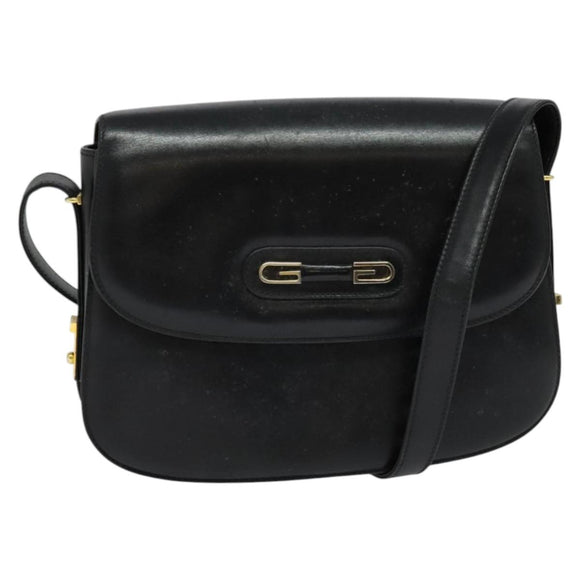 GUCCI Shoulder Bag Leather Black Gold Auth ep9755