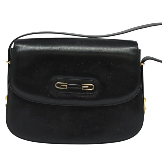 GUCCI Shoulder Bag Leather Black Gold Auth ep9755