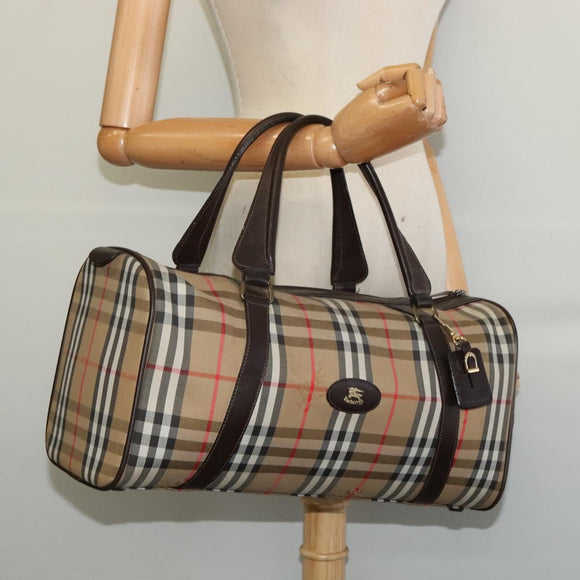 Burberrys Nova Check Boston Bag Canvas Beige Gold Auth ep9770