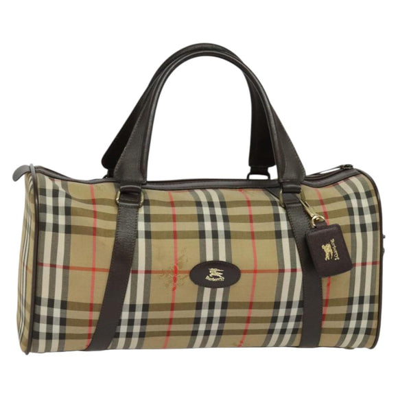 Burberrys Nova Check Boston Bag Canvas Beige Gold Auth ep9770