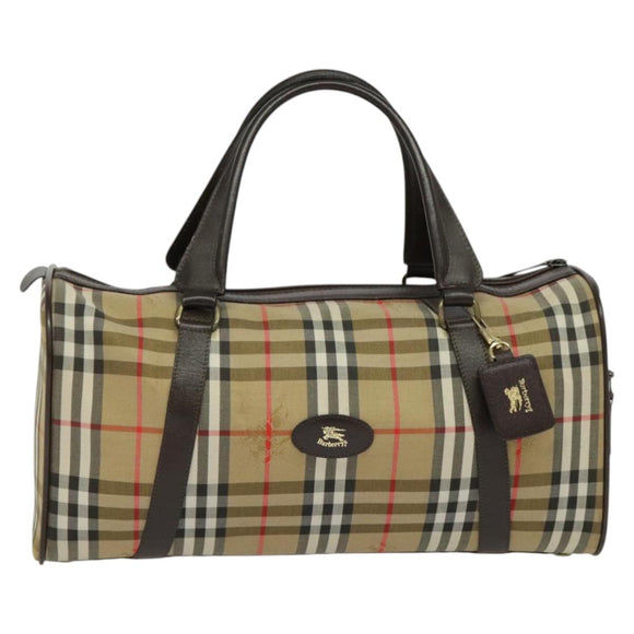 Burberrys Nova Check Boston Bag Canvas Beige Gold Auth ep9770