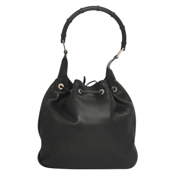 GUCCI Bamboo Shoulder Bag Leather Black Silver 0014033 Auth ep9891