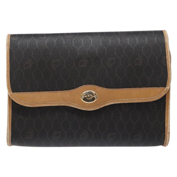 Christian Dior Honeycomb Canvas Chain Schoudertas PVC Zwart Goud Auth ep9904