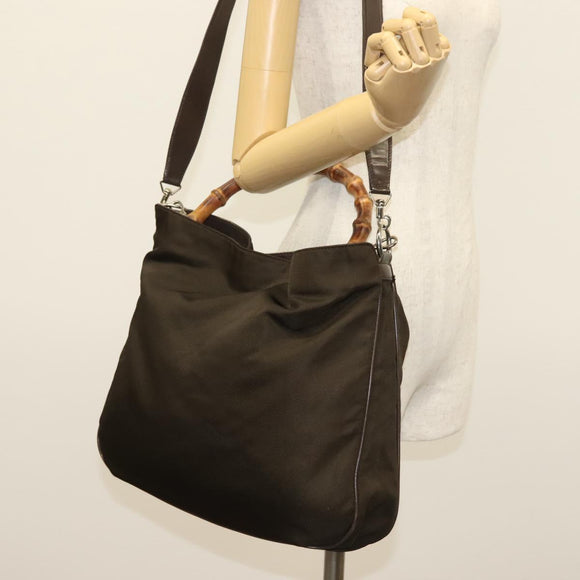 GUCCI Bamboo Hand Bag Nylon 2way Brown Silver 001 2113 1577 Auth ep9917