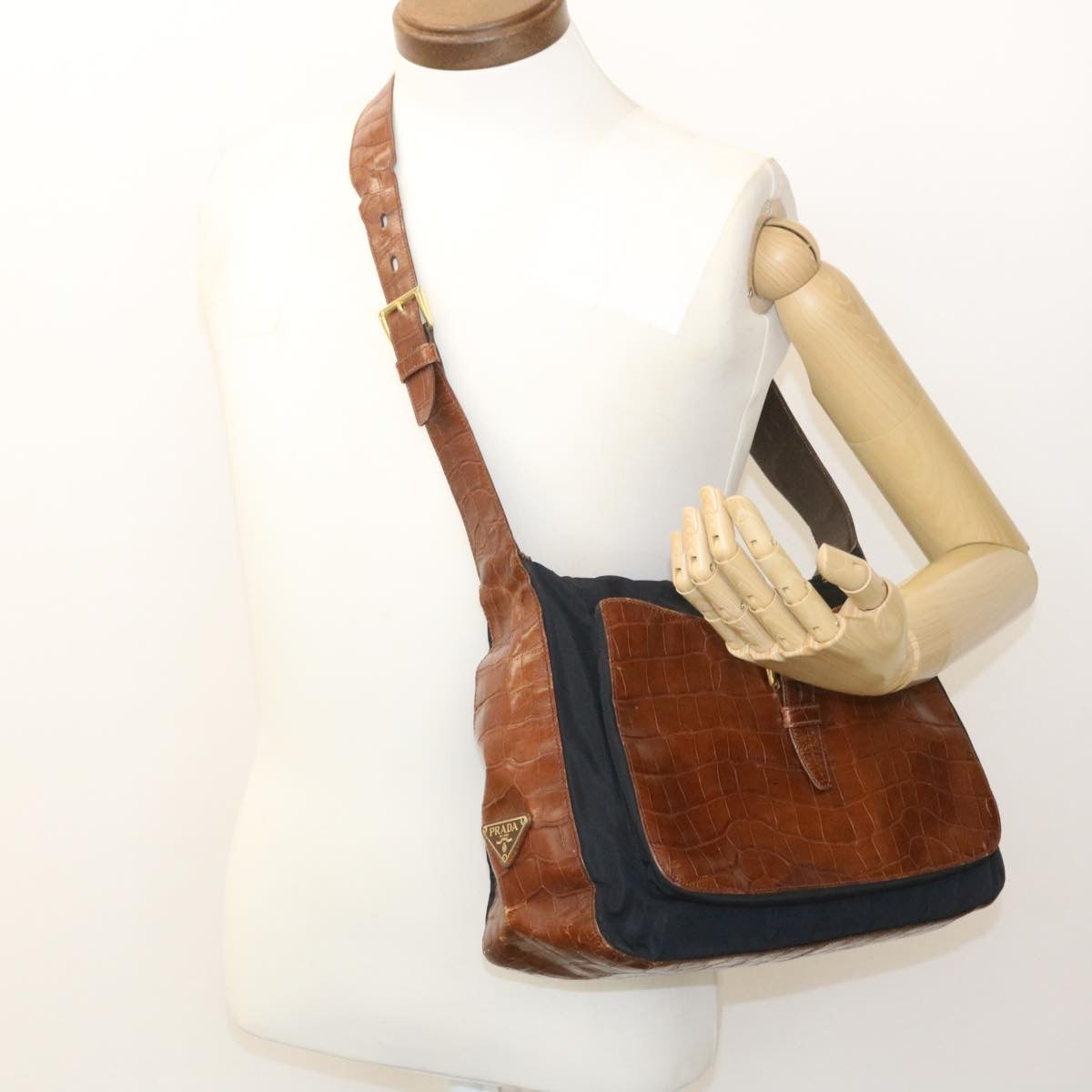 PRADA Shoulder Bag Nylon Leather Black Brown Auth fm1163