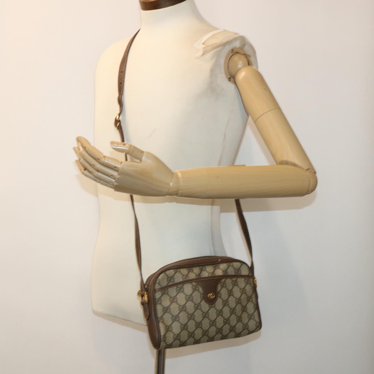 GUCCI GG Canvas Shoulder Bag PVC Leather Beige 001.58.6594 Auth fm2522