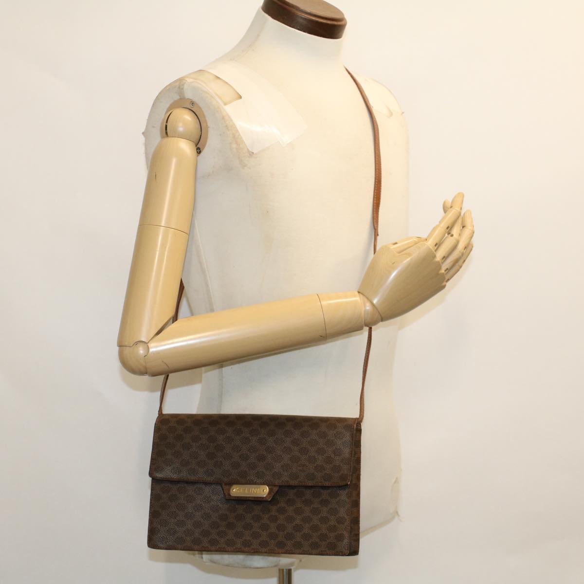 CELINE Macadam Canvas Shoulder Bag PVC Leather Brown Auth fm2547