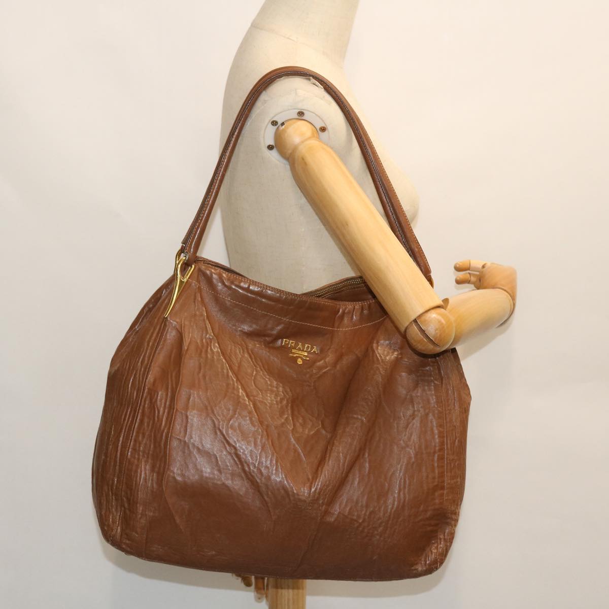 PRADA Shoulder Bag Leather Brown Auth fm2663