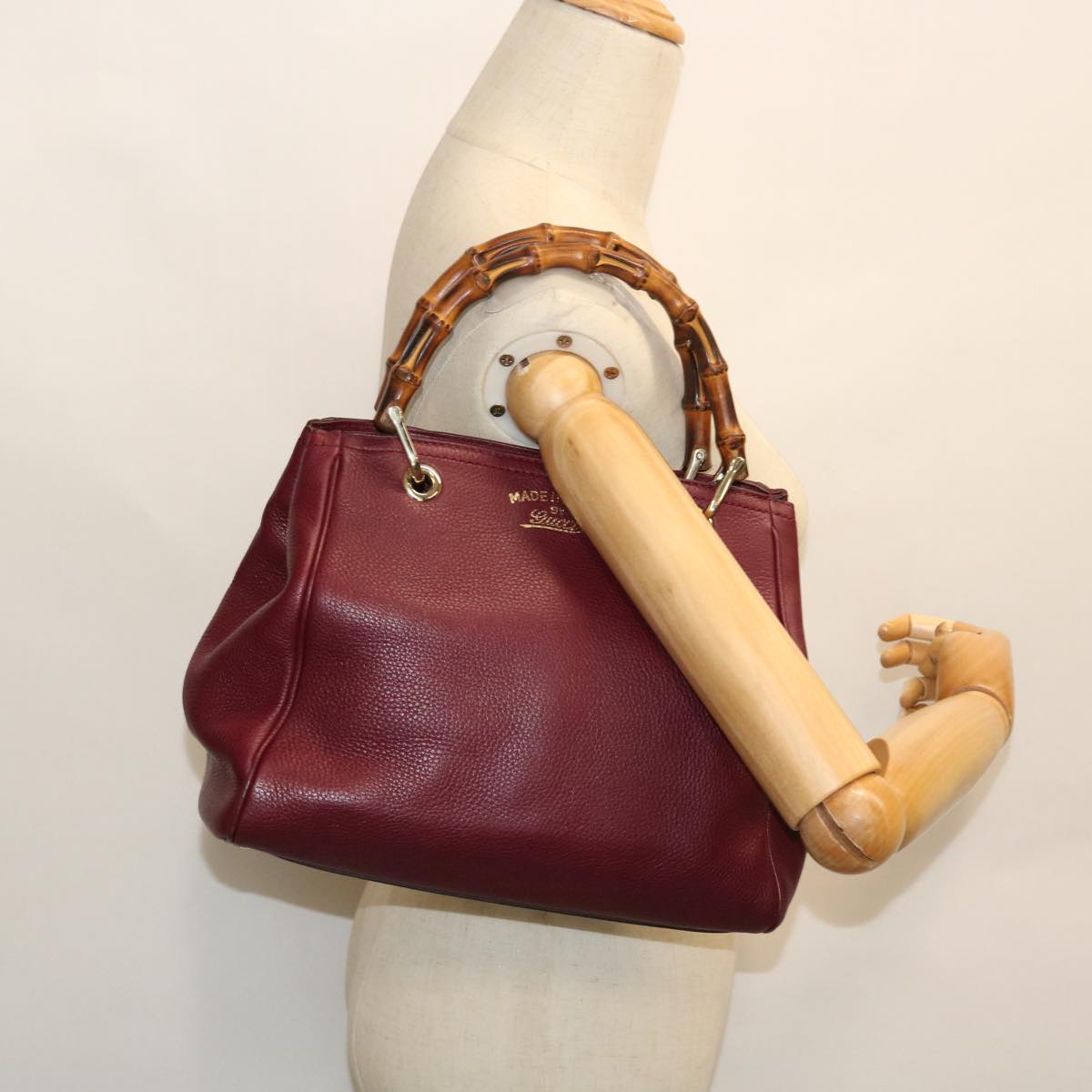 GUCCI Bamboo Small Shopper Hand Bag Leather Purple Wine Red 336032 Auth fm2713