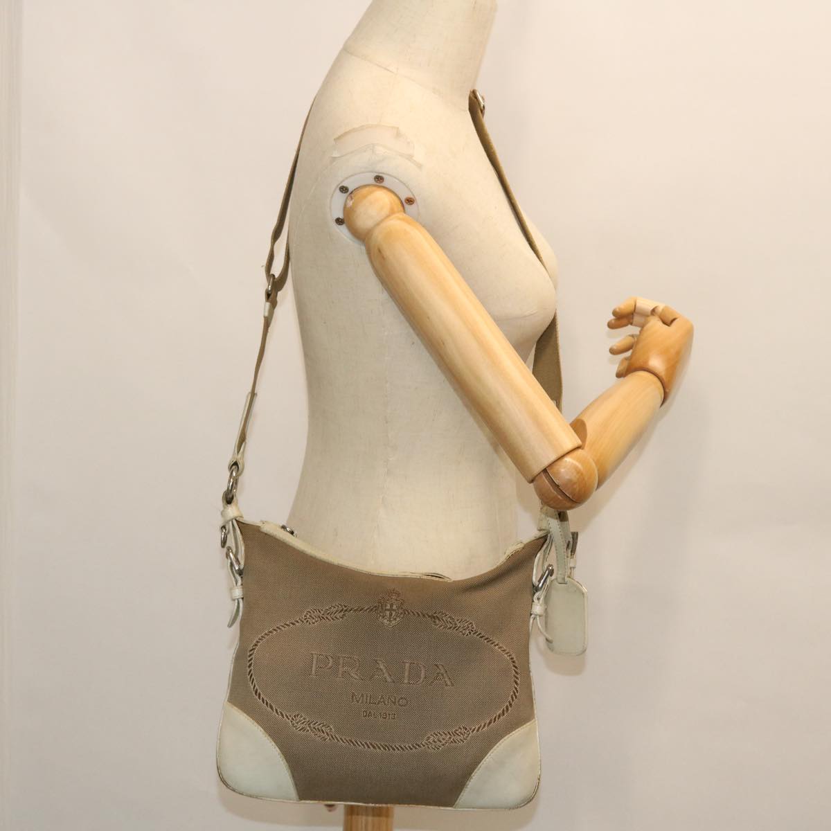 PRADA Shoulder Bag Canvas Leather Beige Auth fm2733