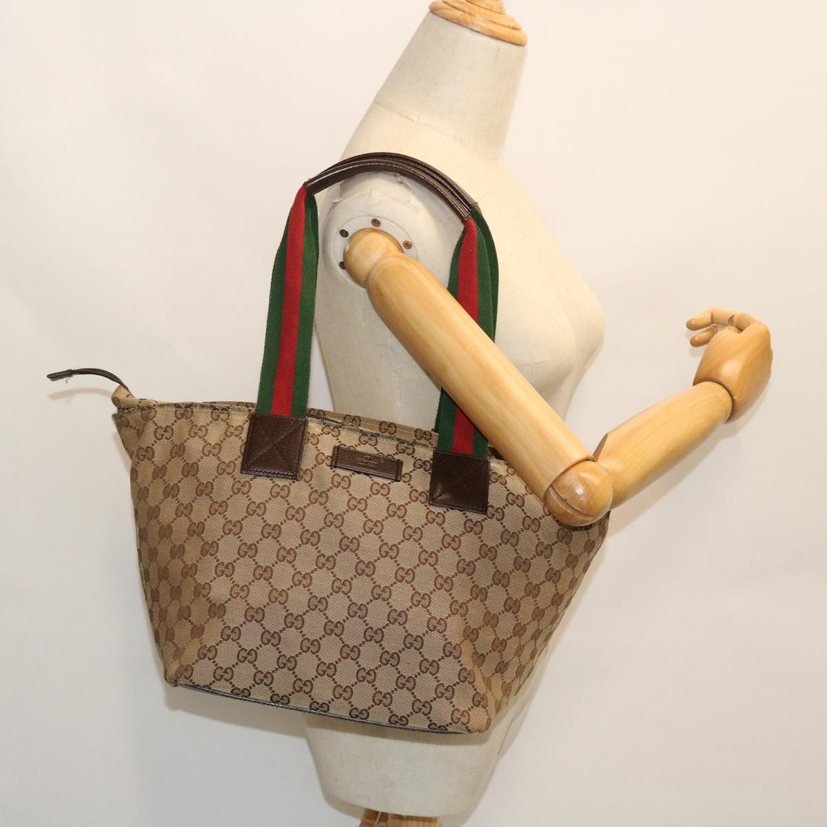 GUCCI GG Canvas Web Sherry Line Tote Bag Beige Green Red 131230 Auth fm2735