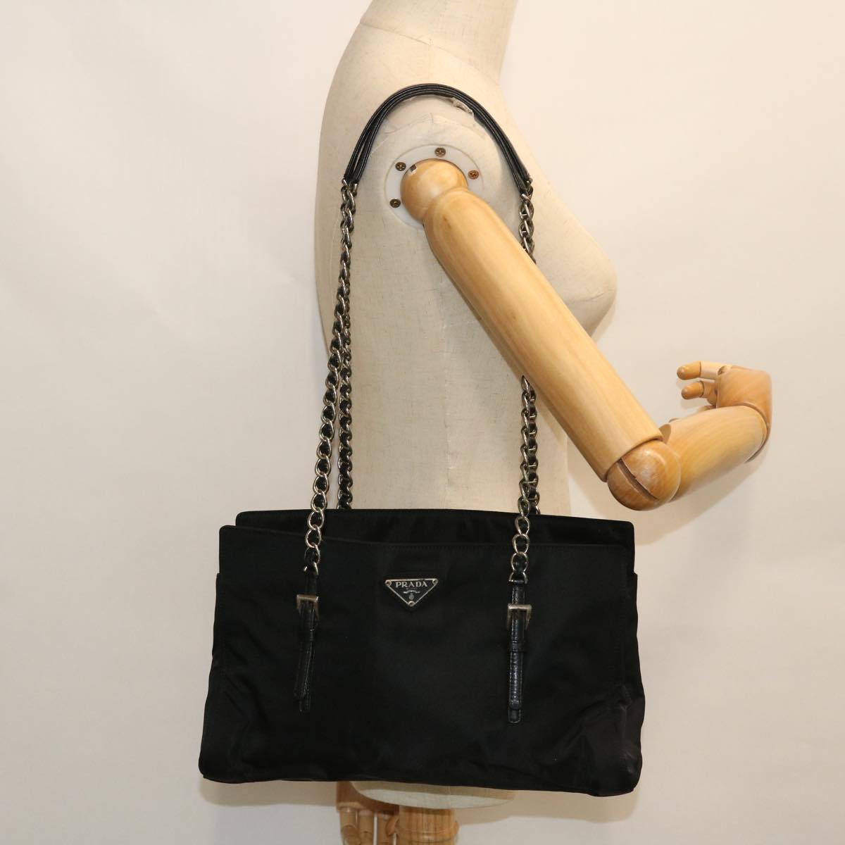 PRADA Chain Shoulder Bag Nylon Black Auth fm2739