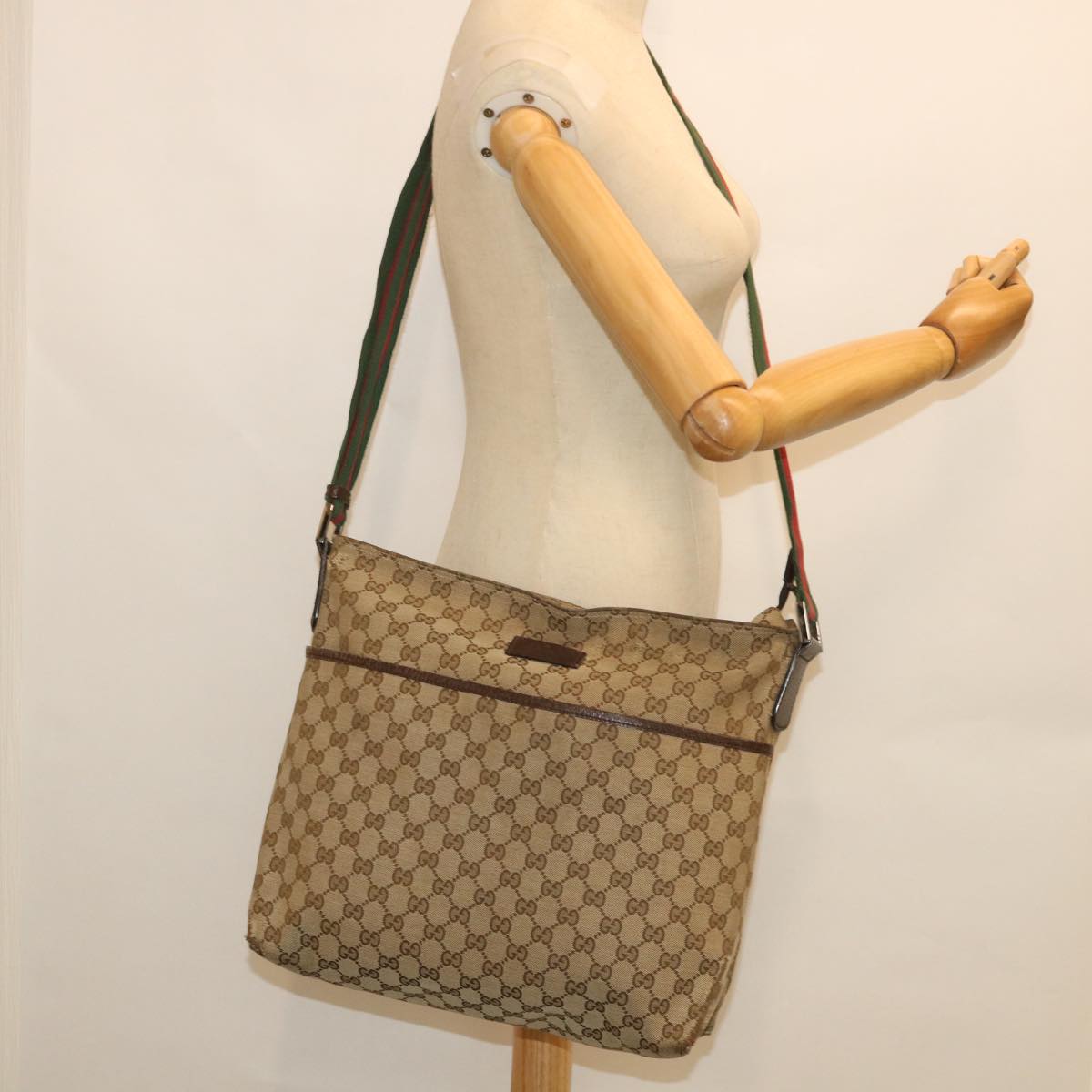 GUCCI GG Canvas Web Sherry Line Shoulder Bag Beige Red Green 189751 Auth fm2790